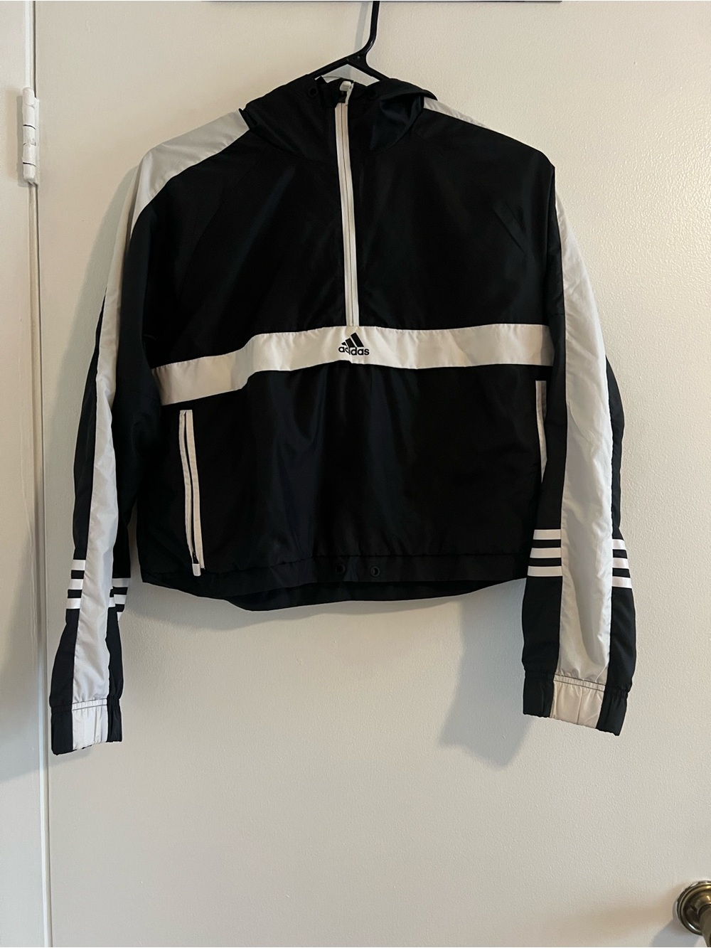 Ladies adidas Black & White Half-Zip Hooded Windbreaker